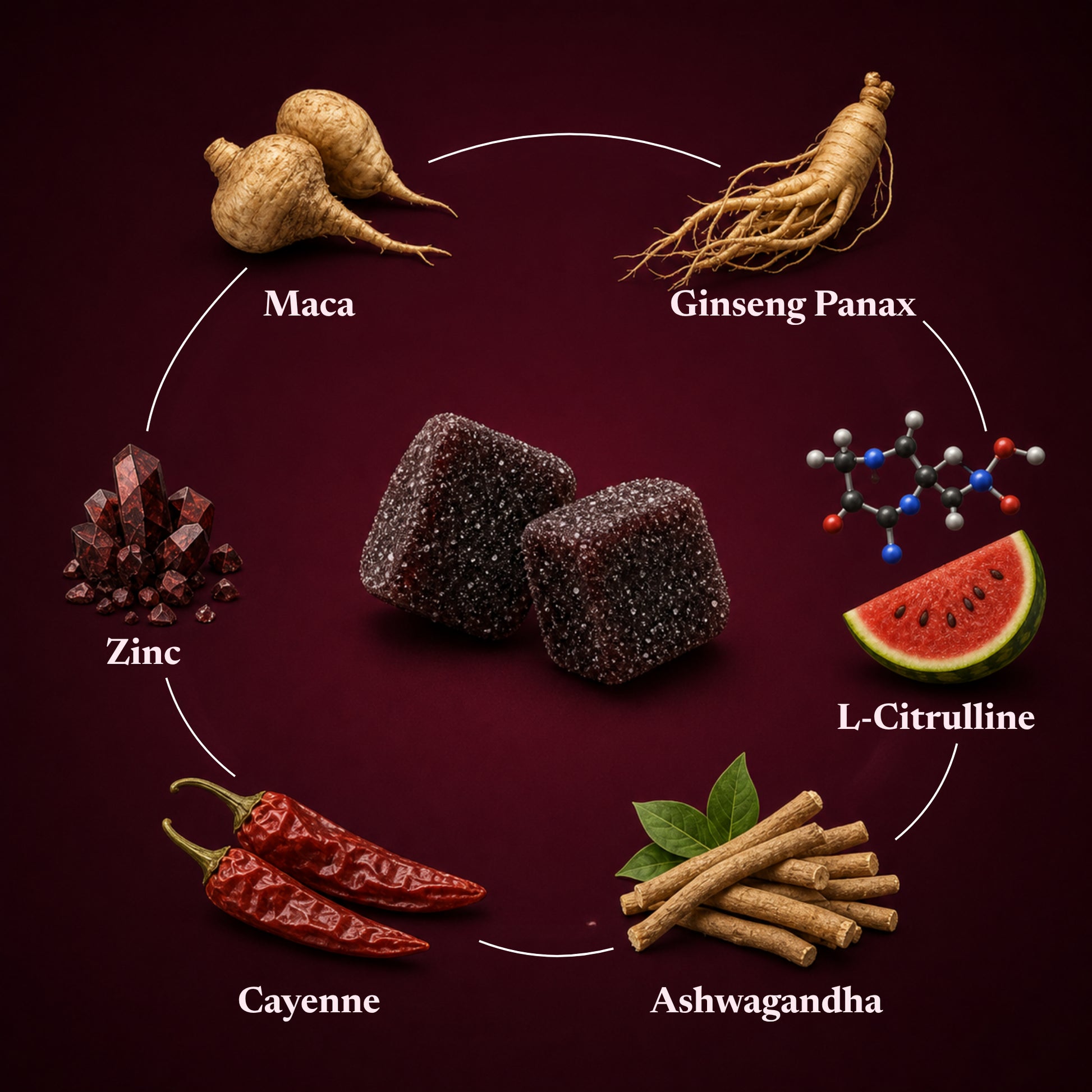 Ingrédients Kisso : maca, ginseng, citrulline, ashwagandha, zinc